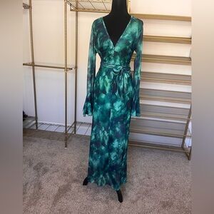 Green patterned mesh floor length dress